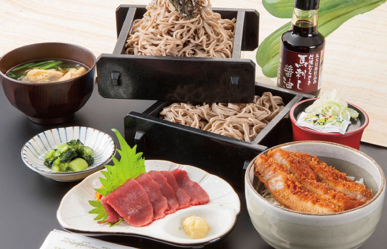 Horse sashimi, sauce katsudon, and soba served at Viande Sakura-tei